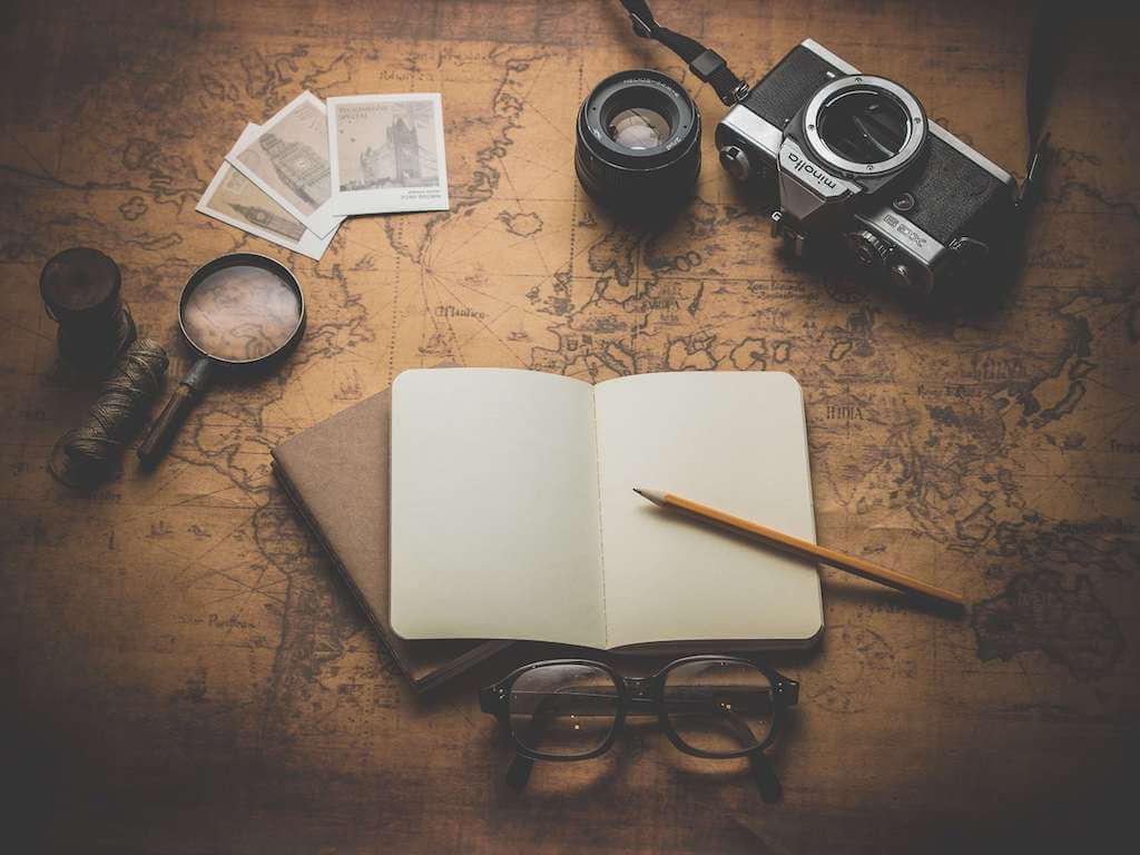 Travel journal, camera, photos