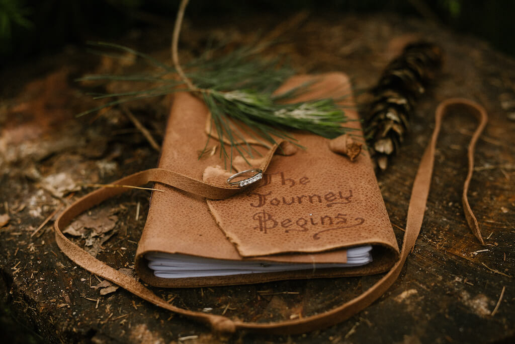 Brown leather journal "The Journey Begins" written on the cover