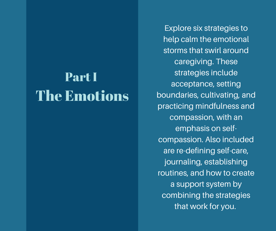 Part 1 The emotions
Explore six strategies to help calm the emotional storms that swirl around caregiving. These strategies include acceptance, setting boundaries, cultivating, and practicing mindfulness and compassion, with an emphasis on self-compassion. Also included are re-defining self-care, journaling, establishing routines, and how to create a support system by combining the strategies that work for you. 