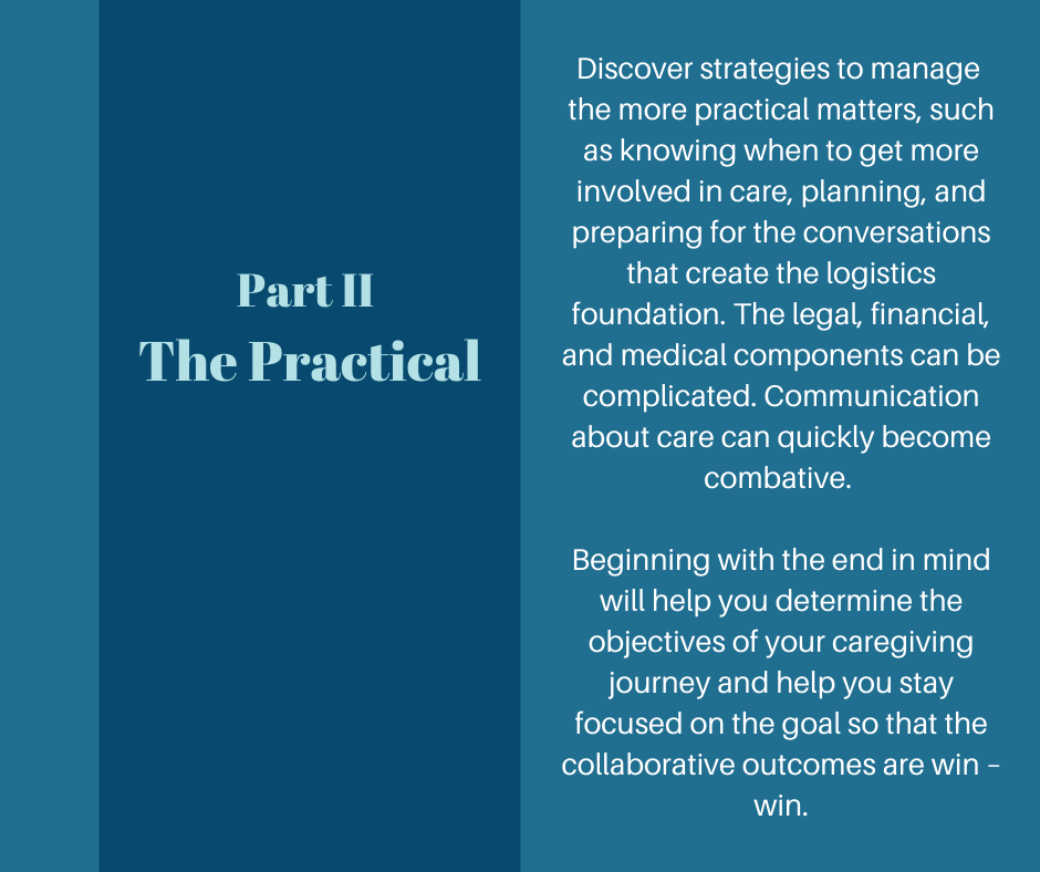Part 2 The Practical
Discover strategies to manage 
the more practical matters, such as knowing when to get more involved in care, planning, and preparing for the conversations that create the logistics foundation. The legal, financial, and medical components can be complicated. Communication about care can quickly become combative. 

Beginning with the end in mind will help you determine the objectives of your caregiving journey and help you stay focused on the goal so that the collaborative outcomes are win – win.