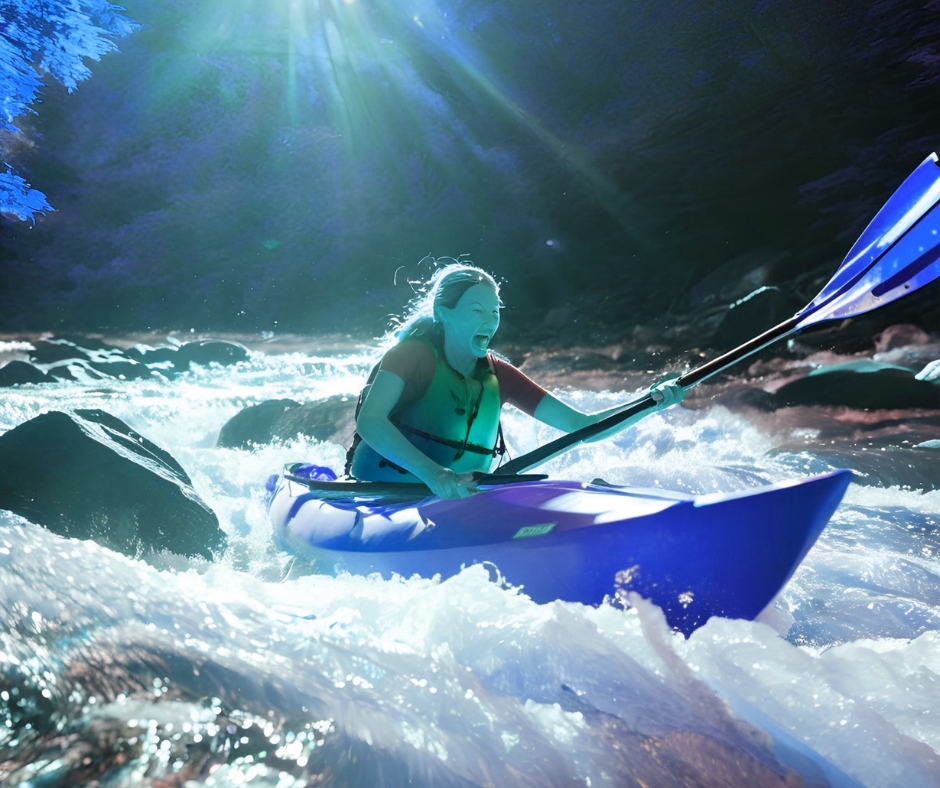 Woman paddling in swift water