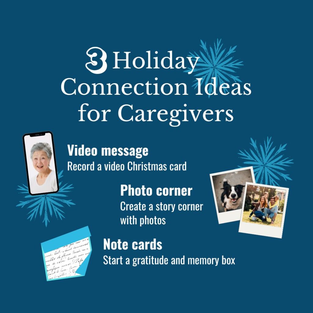 3 Holiday Connection Ideas for Caregivers graphic showing video message, photo corner, and note cards suggestions with subtle holiday snowflakes.